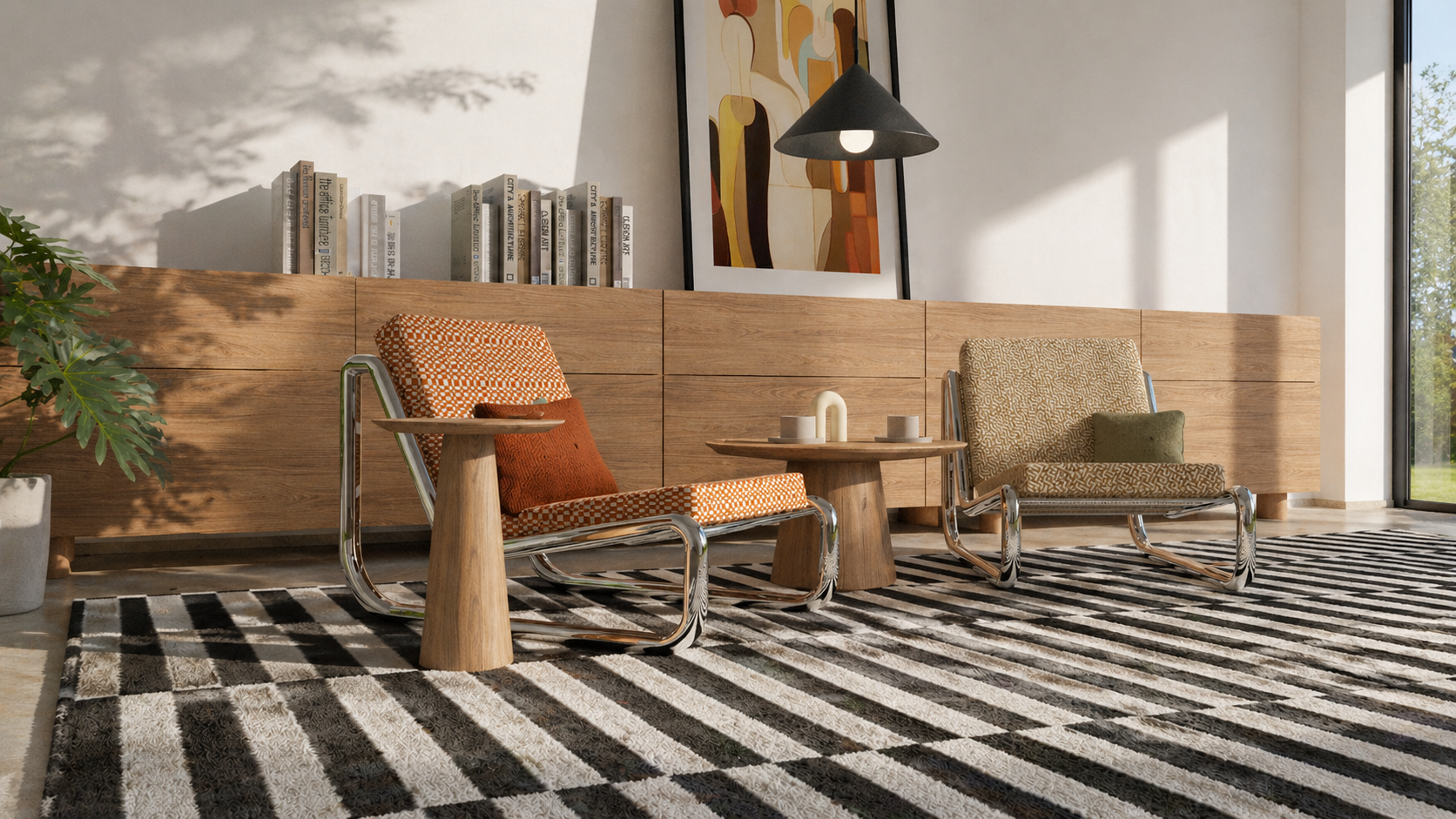 Nowoczesne wnętrze salonowe z dwoma fotelami i drewnianą zabudową